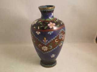 Small Japanese Cloisonne Cobalt Blue FLORAL vase 4h  