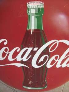 VINTAGE 1950S COCA COLA 36 INCH BUTTON METAL SIGN WITH BOTTLE COKE 