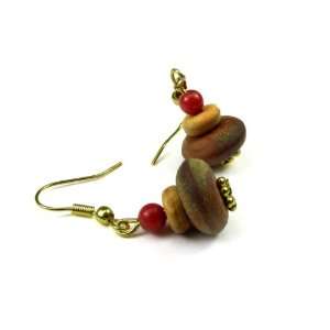   Wood Dangle Earrings Accented with Red Dye China Jade Beads Jewelry