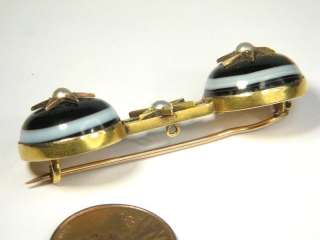   ANTIQUE VICTORIAN ENGLISH 15K GOLD BANDED AGATE PEARL PIN BROOCH c1870