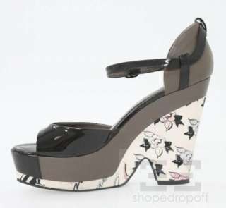 Chanel Black Patent & Taupe Leather Floral Print Cutout Wedge Heel 