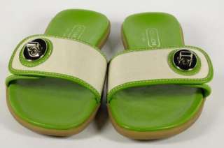 Coach Gabriella Green Apple Gray Strap Silver Buckle Flat Sandals Size 