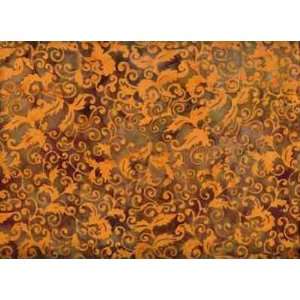   Fabric, Orange Scrolls on Brown Batik By Fabri Quilt Fabrics Arts