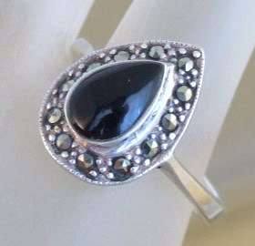 Vintage Silver Ring Black Onyx Marcasite Sterling 925 Teardrop Size 8 