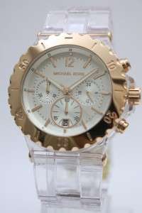 Michael Kors Women Oversize Rose Gold Chrono Clear Bracelet Watch 48mm 