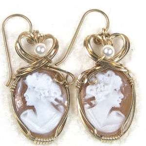 Hand Carved Shell Cameo Earrings 14K Rolled Gold  