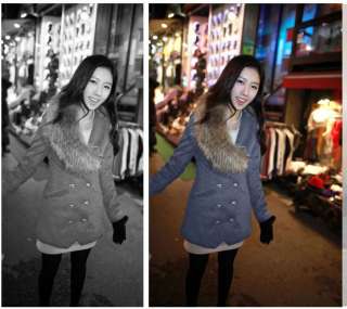   Long Double breasted Wool Coat with Fur Collar Navy Blue/Grey M L 0012