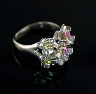 Sterling Silver Pink Yellow Diamonique CZ Dimensional Flower Ring Size 