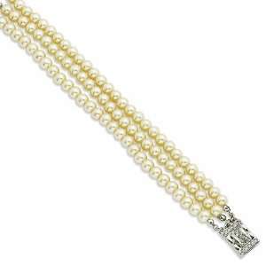 Triple Strand Simulated Pearl 7.5in Bracelet/Rhodium Plated Mixed 