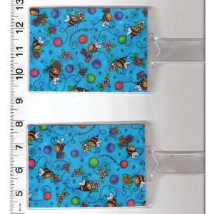   of 2 Luggage Tags Made with Bumble Bee on Blue Fabric 