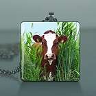 Cow Field Altered Art Glass Tile Necklace Pendant 639