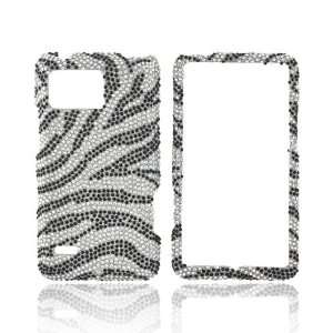 Black Zebra on Silver Gems Bling Hard Plastic Case For Motorola Droid 