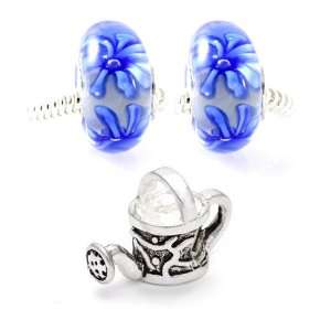  Cute Watering Can Charm and Two Murano Flower Beads 