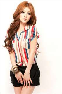 Women Ladys korean fashion cotton colorful stripes bottom down shirt 
