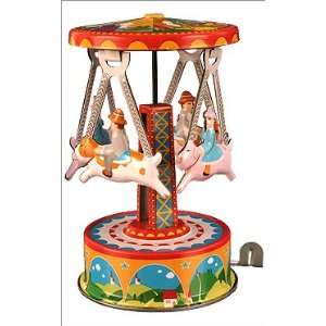  Tin lever wind carousel with riders on dogs figurine