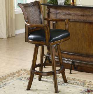 New Traditional Bar Stool 29 W/ Leather Seat, Footrest, Arms & Faux 