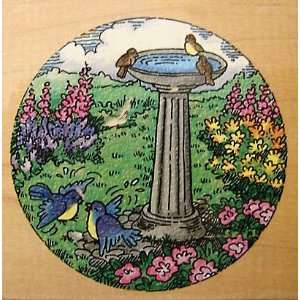  Stampendous Wood Stamp   #Q066 Bird Bath   Round Scene 