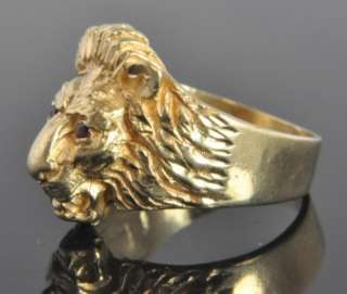   Vintage 14K Yellow Gold Natural Ruby Lion Head Animal Ring 10.25