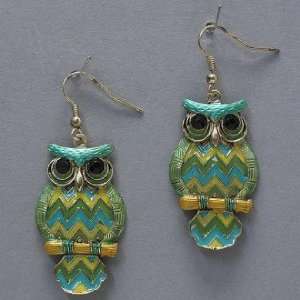 Womens Dangle Owl Earrings, 1 W, 2 1/4 L, Green, Yellow & Gold with 