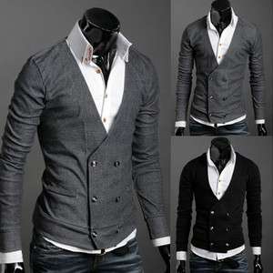 NEW Men Premium Stylish V NECK Double Breasted Cardigan Black,Gray US 