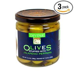 Divina Olives Stuffed With Jalapeno, 7.8 Ounce Jars (Pack of 3 