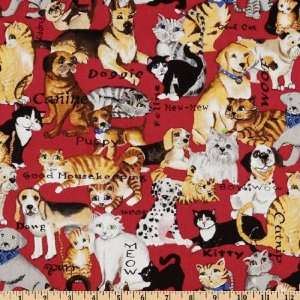  45 Wide Cool Cats & Dogs Red/Black Fabric By The Yard 
