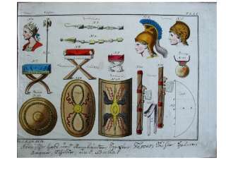 Römische Waffen Schilde Helme Römer Kupferstich 1810  