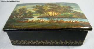 Vintage Hand Painted Russian Lacquer Landscape Box Fedaskino  