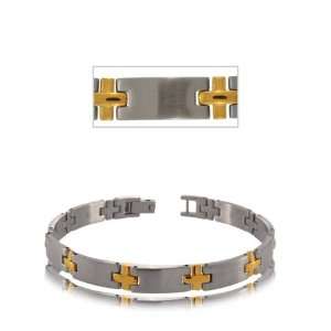  Gents Stainless Steel Bracelet W/ Goldtone Crosses New 