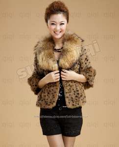   Genuine Leopard Rabbit Fur Raccoon Collar Coat Outwear Jacket Clothing