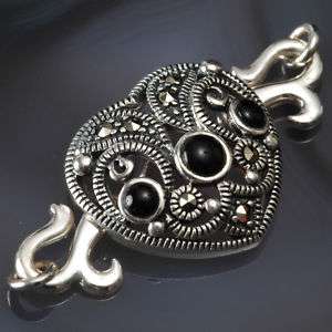 925 Silver 1 Strand HOOK CLASP 36mm MARCASITE & ONYX  