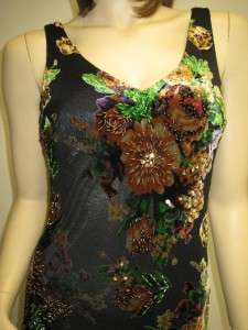 Sue Wong Designer Dress 6 Black Green Brown Flower Beaded Sequin Gown 