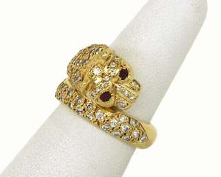 LOVELY 18K GOLD DIAMONDS RUBIES PANTHER HEAD BAND RING  