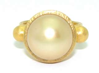   22kt Yellow Gold 12mm South Sea Golden Pearl Hammered Band Ring  