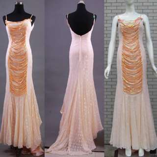   1970s Champagne Sequin Mermaid Sweep Formal Evening Gown Dress  