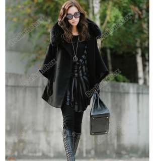Womens Luxury Double Breasted Batwing Cape Poncho Fur Collar Hooded 