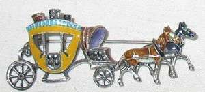 Vintage Sterling Silver Horse Carriage Pin Brooch Enamel Painted 