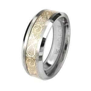   Carbide Comfort Fit Flat Men Celtic Dragon Gold Inlay Ring Band 8mm