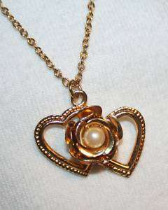 Lovely Double Open Hearts Wrapped Rose Pendant Necklace  