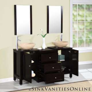   Double Travertine Stone Vessel Sink Top Bathroom Vanity Cabinet  