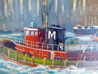   New York City Impressionist Oil Painting w/Tug Boat, Signed D.W.Fox