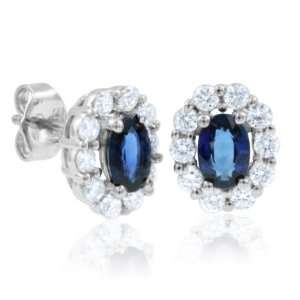 Natural Sapphire and Diamond Earrings in 14k White Gold (G, SI2, 1.90 