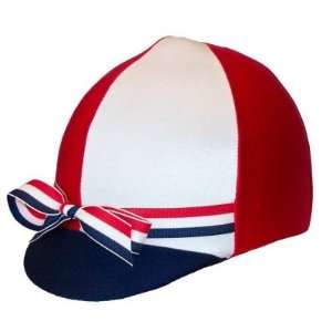 Equestrian Riding Helmet Cover   Red White and Navy with Striped 