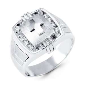  Mens 14k White Gold Solid Round CZ Religious Cross Ring Jewelry