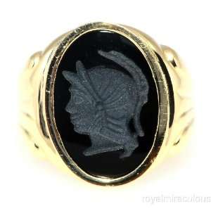  Mens 14K Yellow Gold Ring Carved Soldier Onyx Jewelry