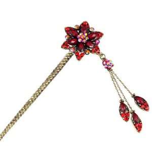 Czech Rhinestone Antique Brass Hair Stick Star Flower with Tassels Red