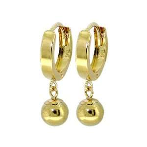  14k Gold Hoop Huggie Earrings with Genuine Dangling Ball 