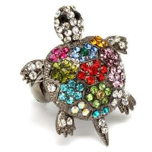  Unique Large Nine Colorful Crystal Covered Turtle Fashion Ring 