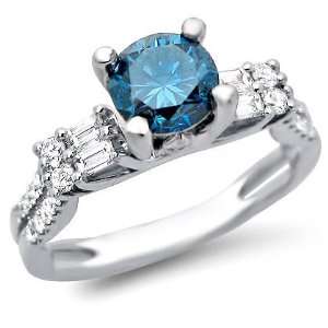 1.55ct Blue Round Diamond Engagement Ring 18k White Gold 