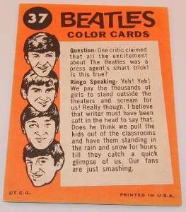 1964 The Beatles GUM TRADING CARD #37 COLOR CARD  
